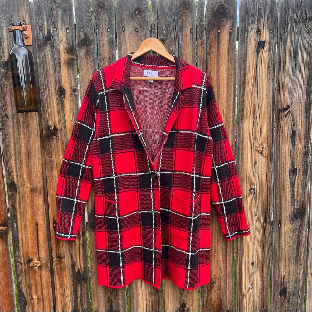 ELLE Black and Red Plaid Cardigan Cozy Mid Length Sweater Jacket Women’s Large